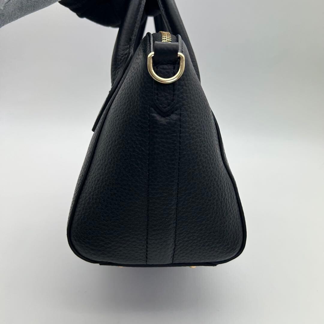 LASIEM Black Leather 2Way Shoulder Bag Adjustable Self Standing Auth