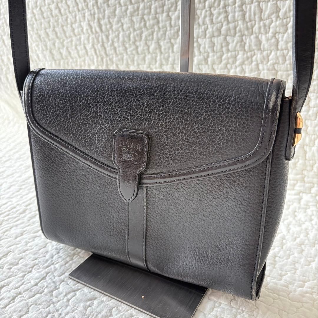 Burberrys Vintage Logo Shoulder Bag Black Leather Crossbody 8.3×7.1×2.4 inches