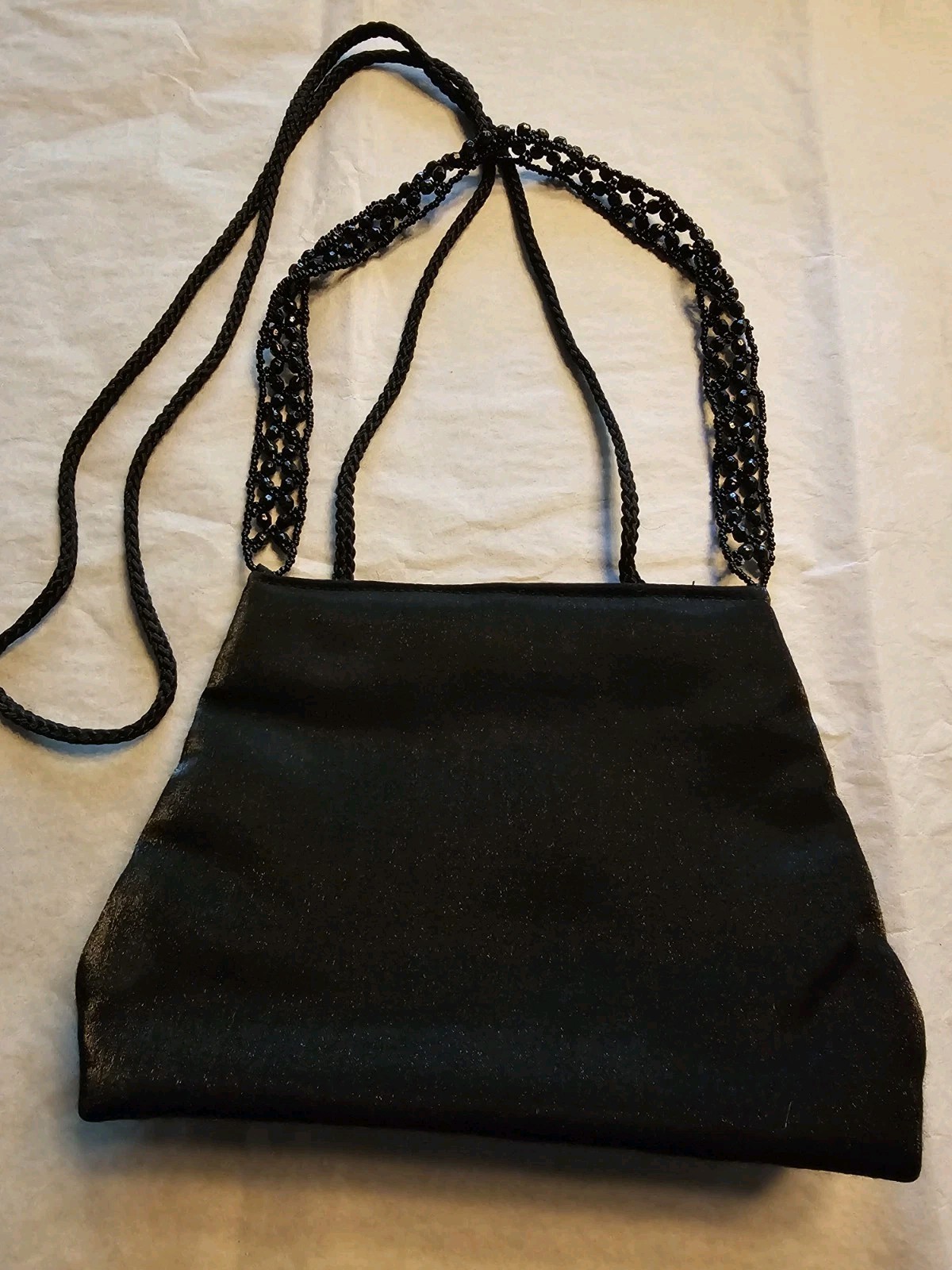 La Regale Black Evening Satin Sheen Bag With Beaded Strap and Long Strap