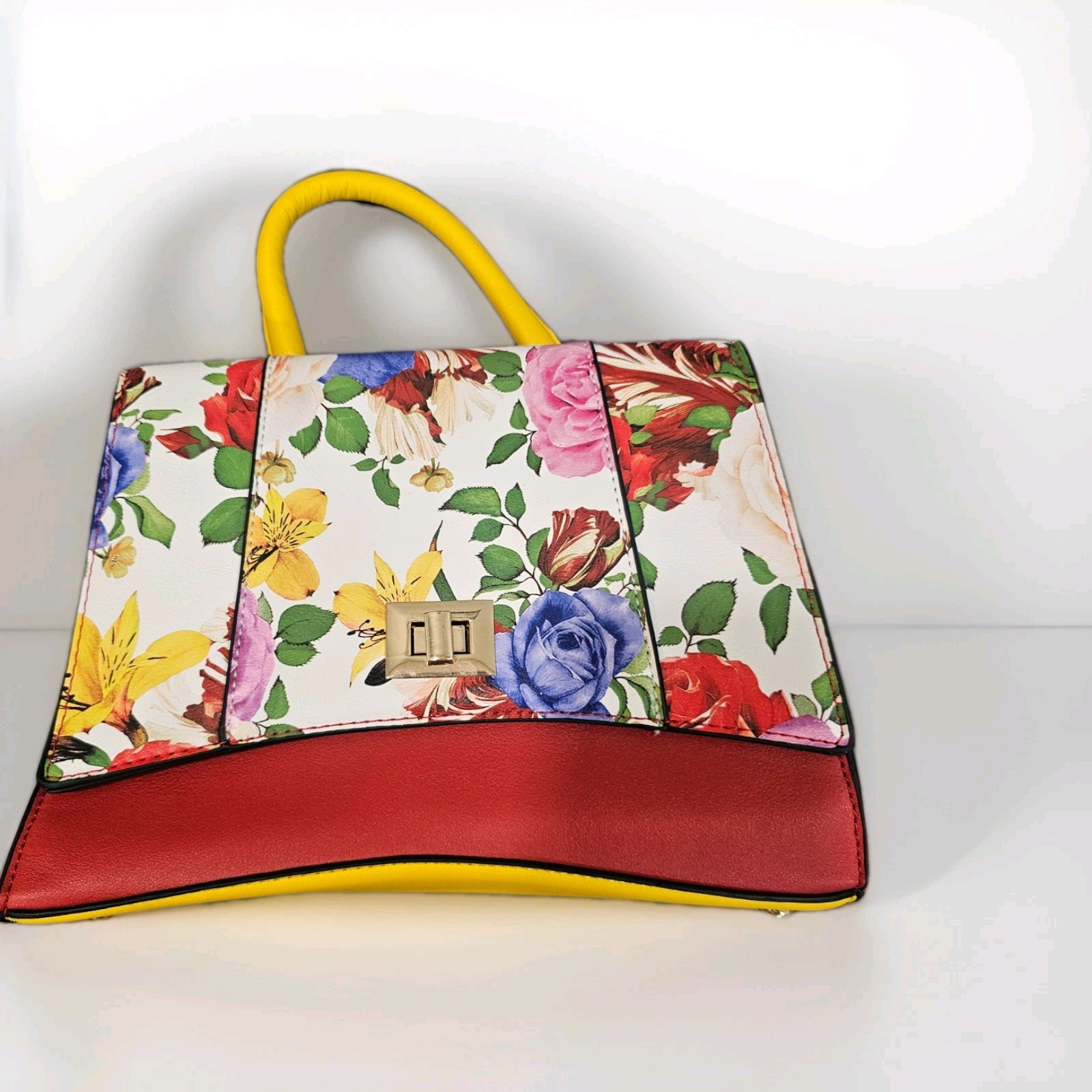Floral Multicolor Top Handle Bag Yellow Handle Gold-Tone Hardware Red Interior