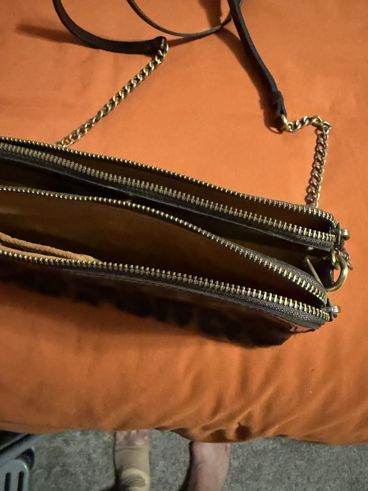 Patricia Nash Leopard Print Haircalf Brown Crossbody Zip Bag Chain Strap