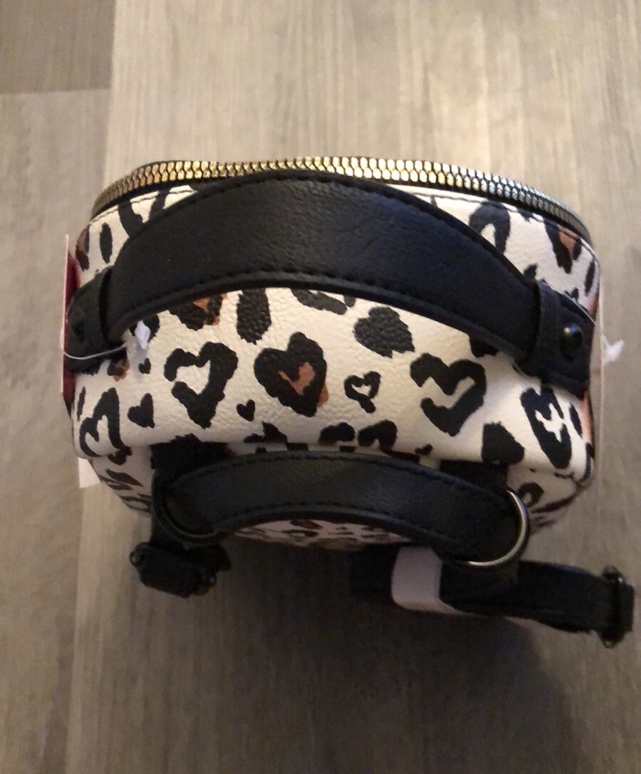 Betsey Johnson Black & White Multi Leopard Heart Print Dog Kitsch Backpack NWT