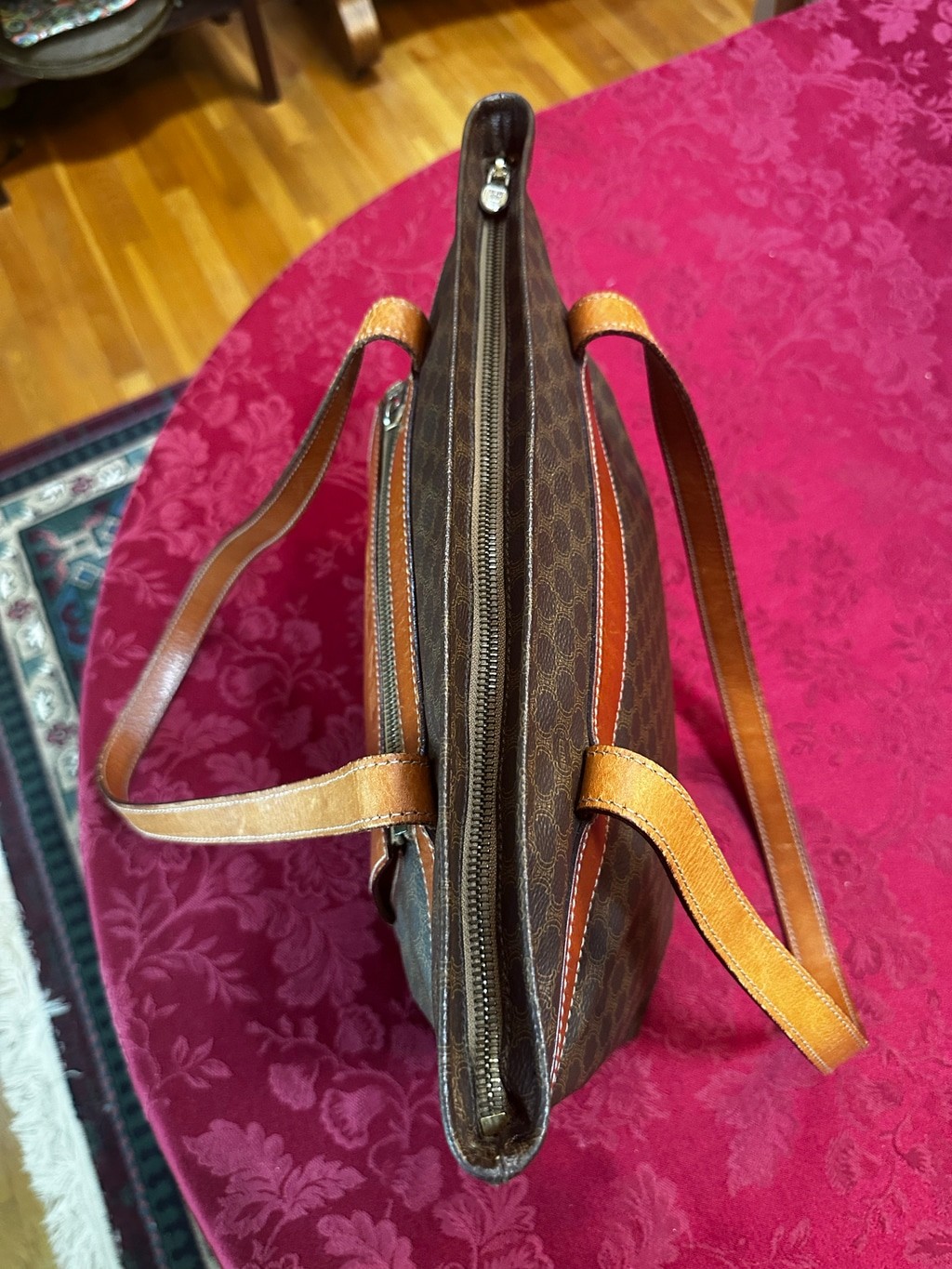 Celine Brown Macadam Coated Canvas and Tan Leather Tote Bag