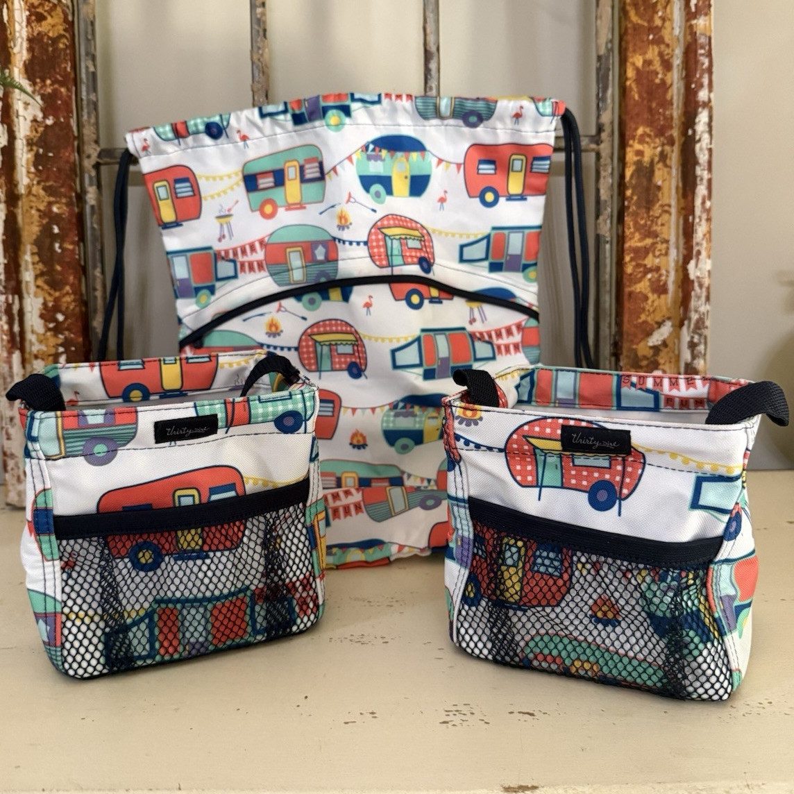 Thirty-One Retired Happy Camper Drawstring Backpack + 2 Utility Bins Camping RV