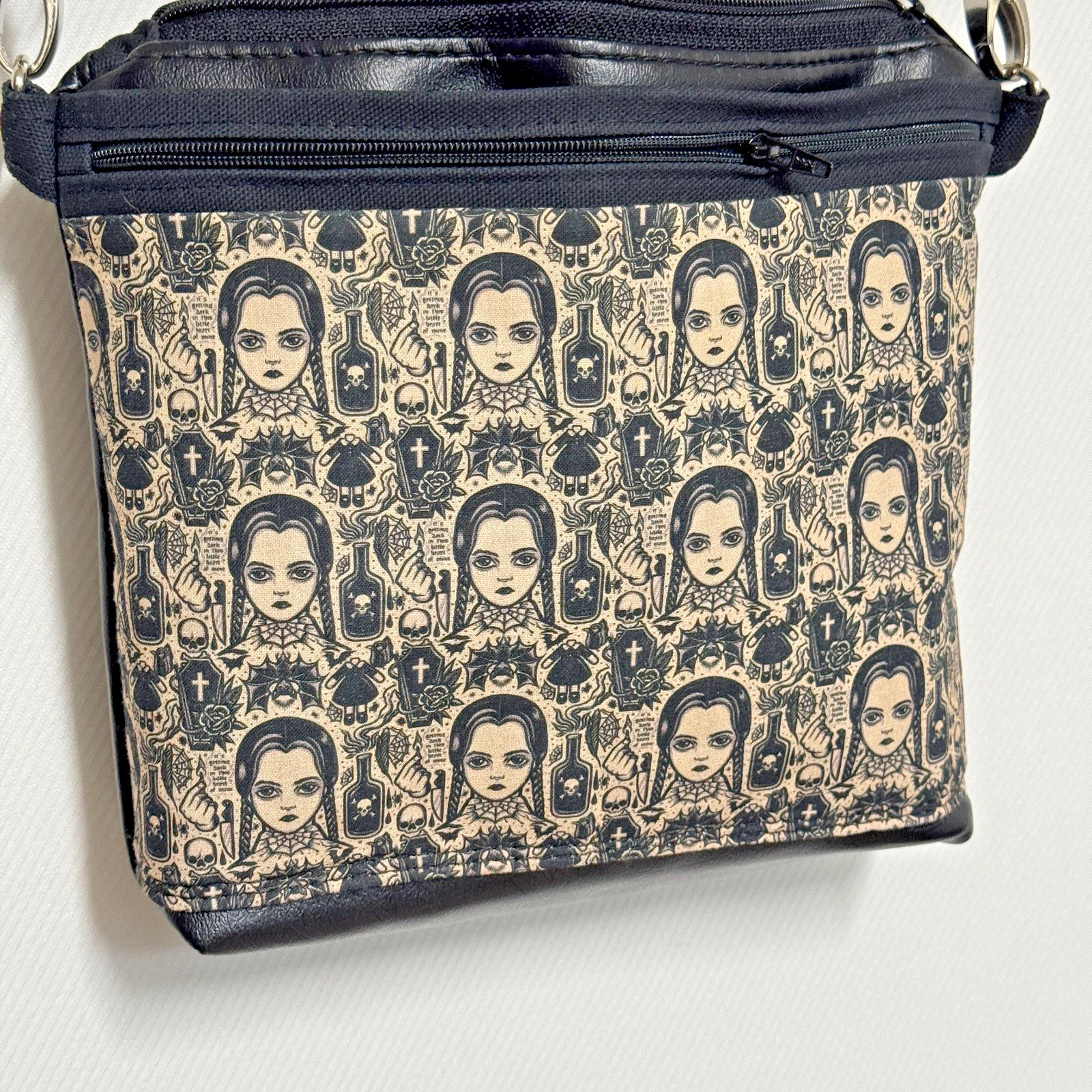 Wednesday Crossbody Bag Black Adjustable Strap 2 Outside Pockets Handmade
