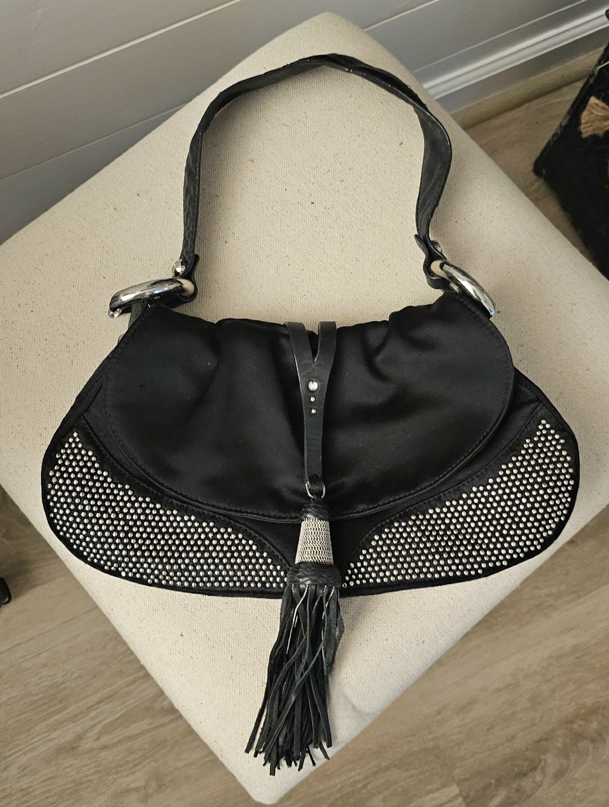 Francesco Biasia Black & Silver Leather accents Bag With Tassel Stud details EUC