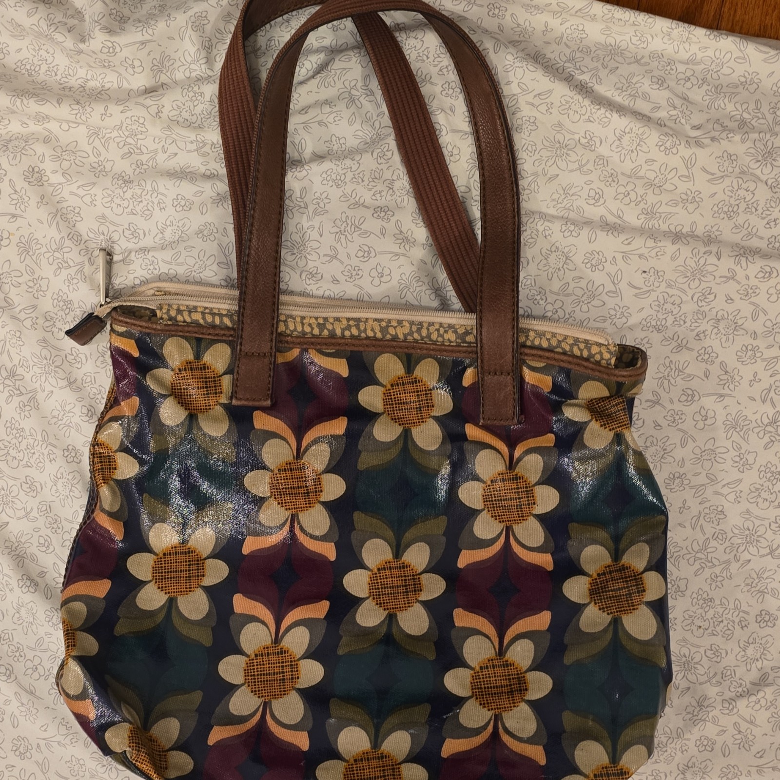 Fossil Floral Satchel Top Handle Bag Zip Closure Brown Leather Handles
