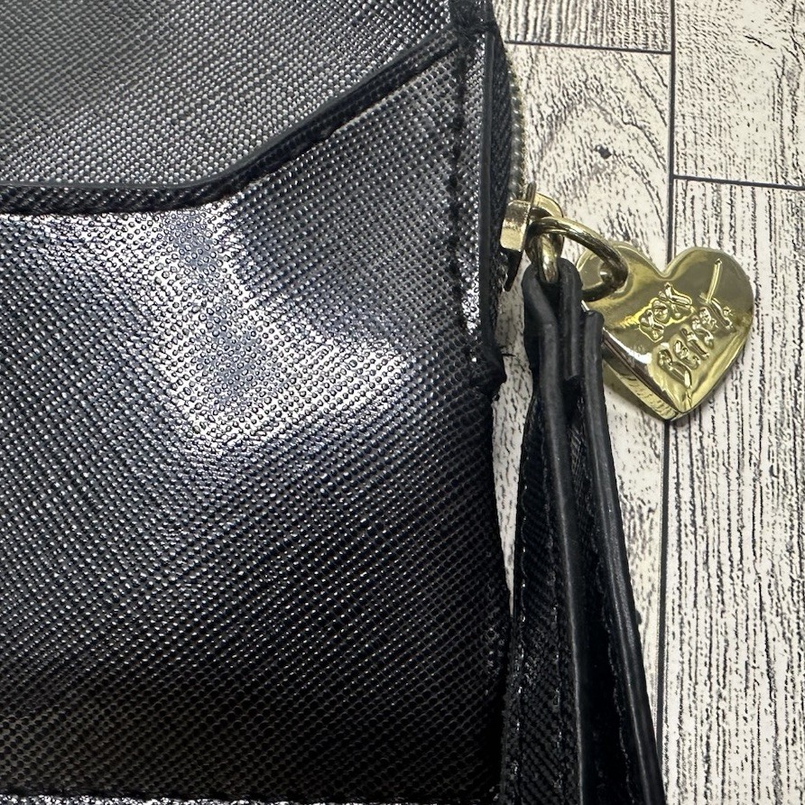 Betsey Johnson Clutch Wallet Black Faux Patent PU- Purple Satin Signature Lining