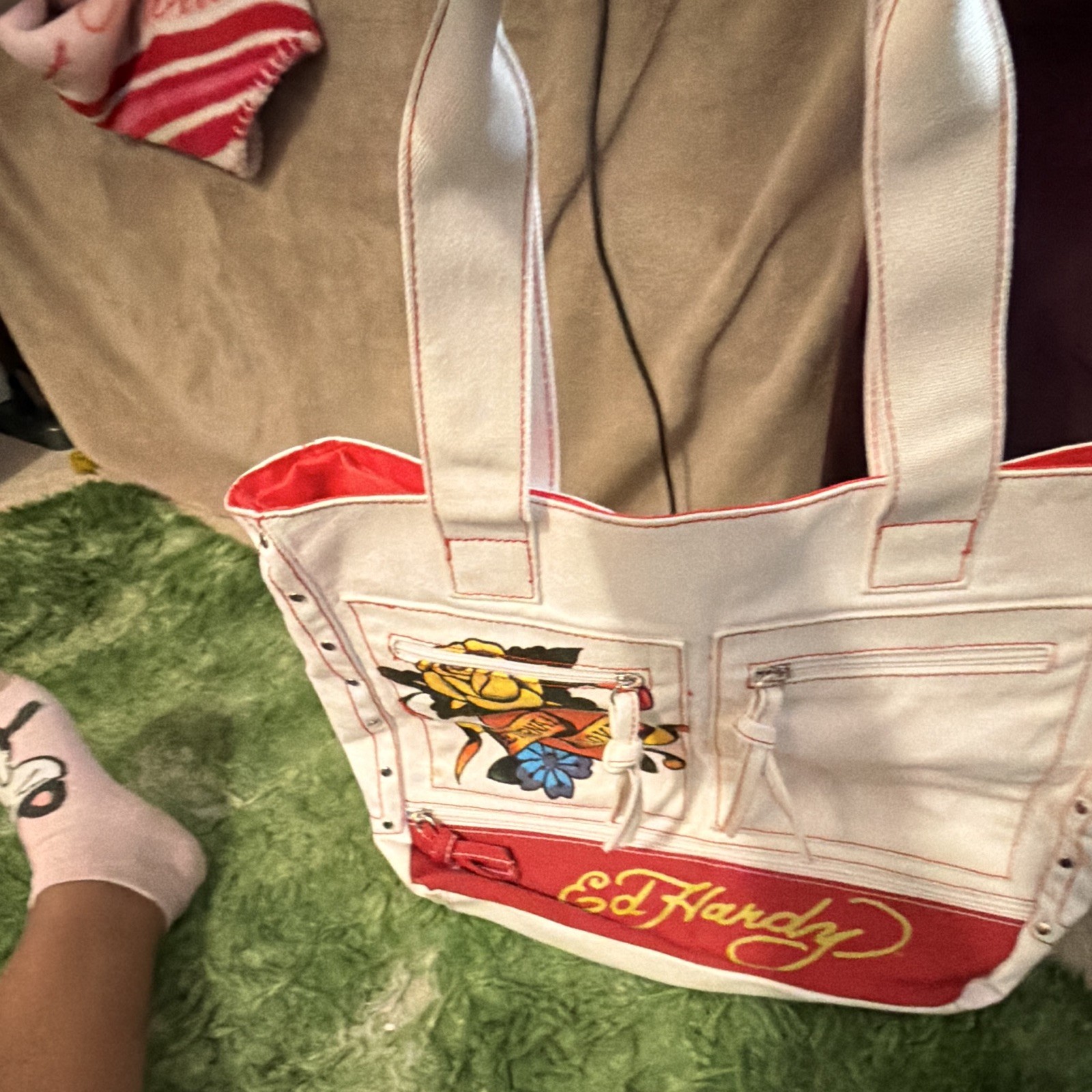 Ed Hardy White/Red Women’s Tote Bag Zip Closure Lined Inner Pockets