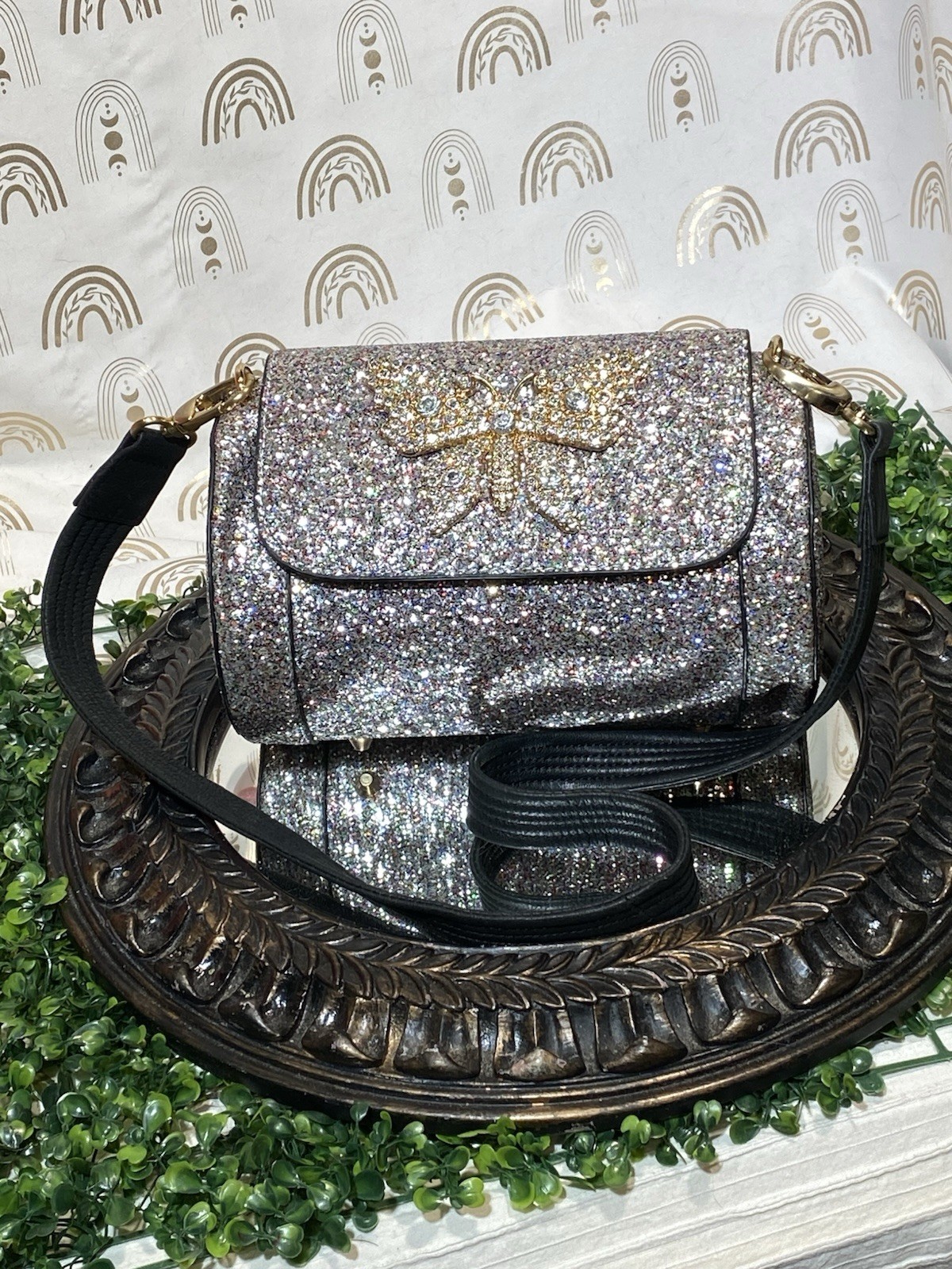 Silver Metallic Cylinder Crossbody Bag Dragonfly Crystal Black Strap