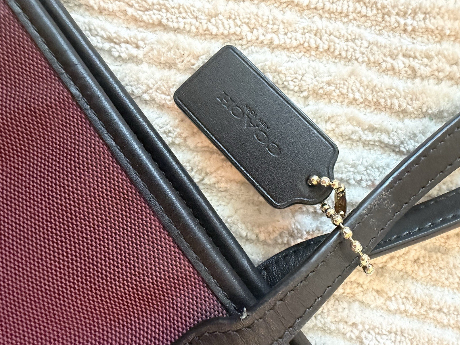 Coach Signature Canvas Tote Bag Burgundy Black Leather Trim Shoulder Handbag Y2K