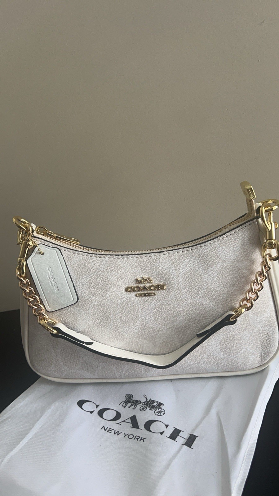Coach Signature Logo Small White Shoulder Bag Gold Chain Strap Zip Closure