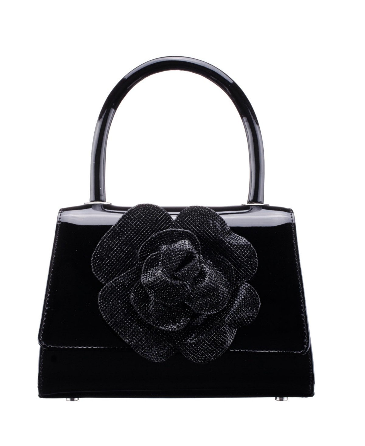 Nina Crystal Flower Embellished Patent Shoulder Satchel Bag Black Silver