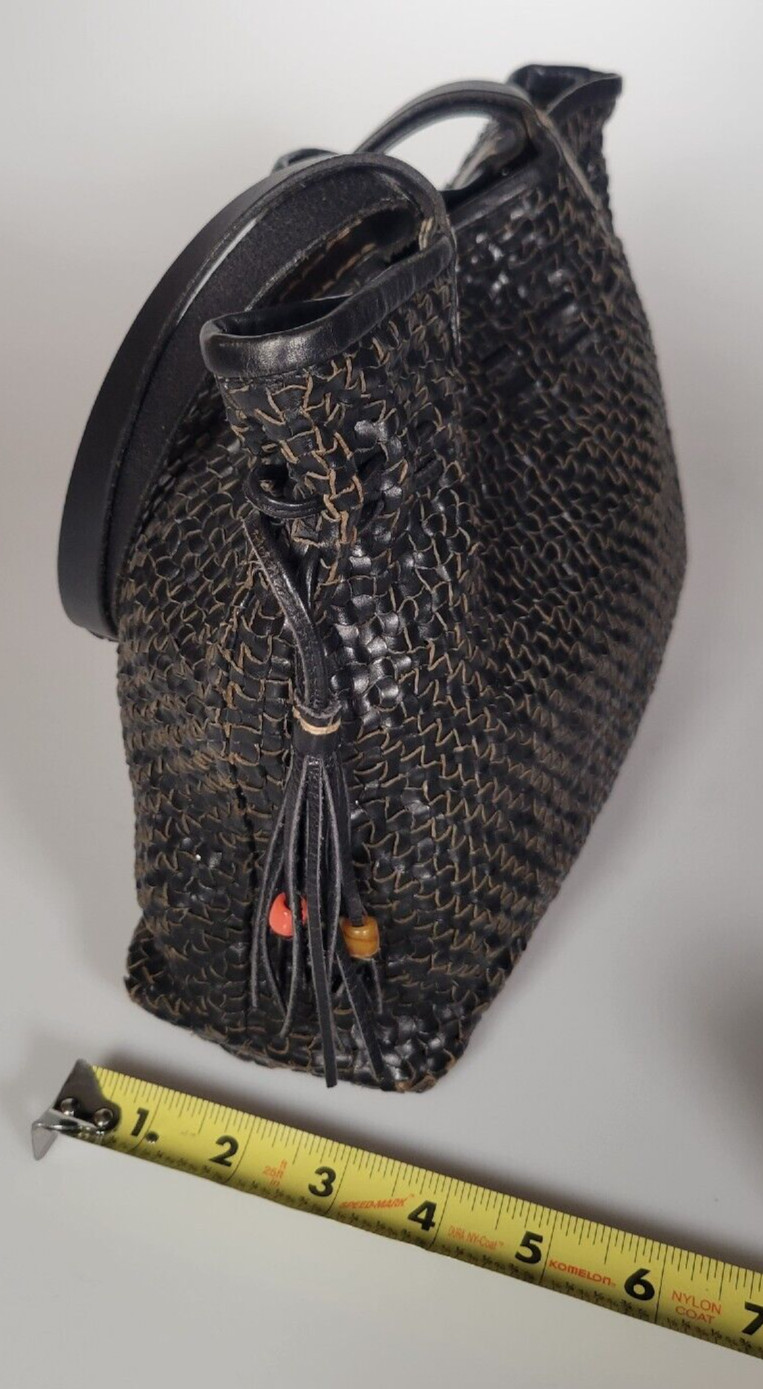 Henry Cuir Beguelin Black Woven Leather Tote Tassel Shoulder Bag Drawstrings EUC