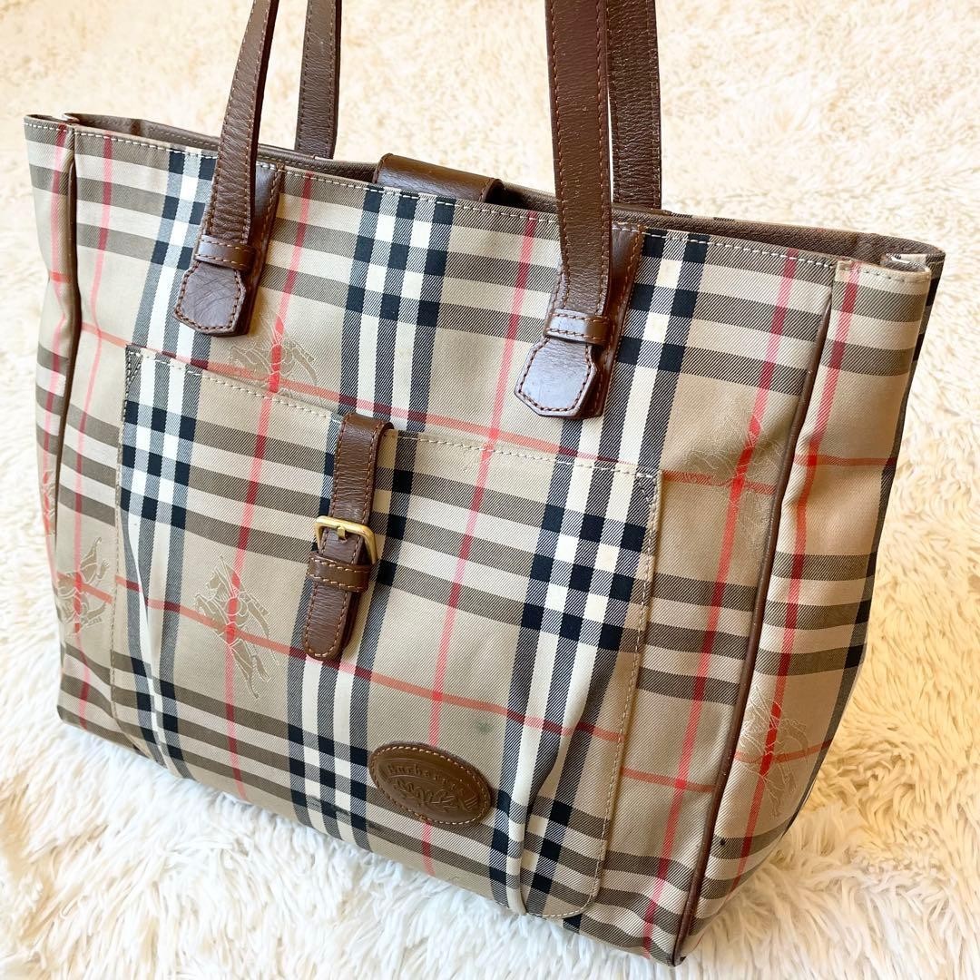 Burberrys Nova Check Tote Bag Beige Brown Canvas Leather Shoulder A4 Vintage
