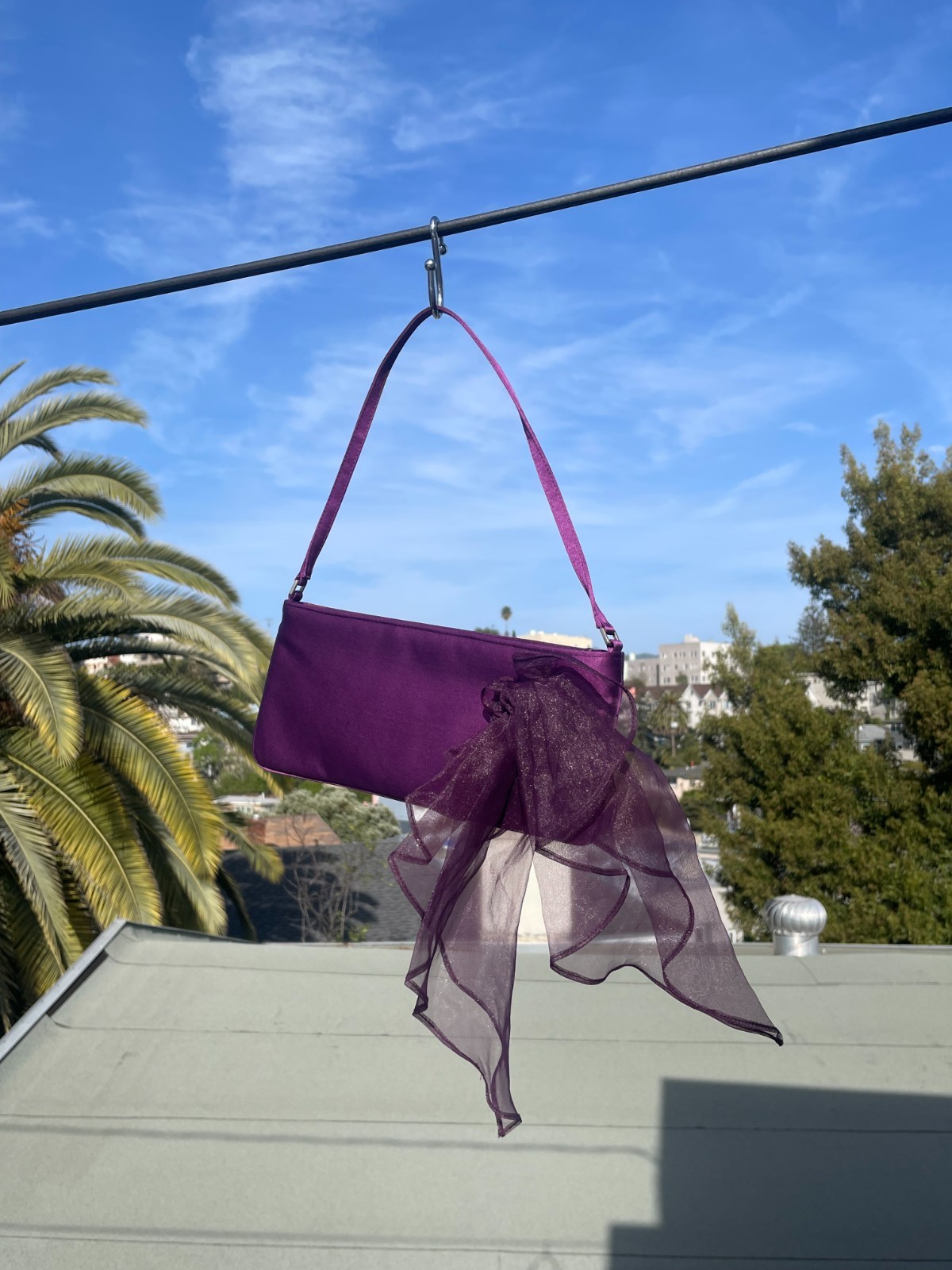 Vintage Nordstrom Purple Satin Shoulder Bag w/ Sheer Organza Bow Y2K Evening Bag