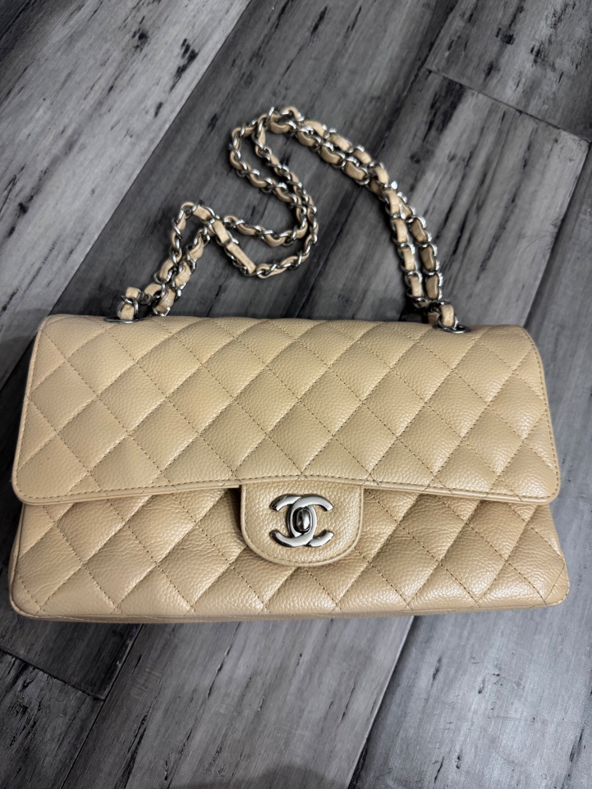 chanel medium classic flap in caviar beige with silver hardware