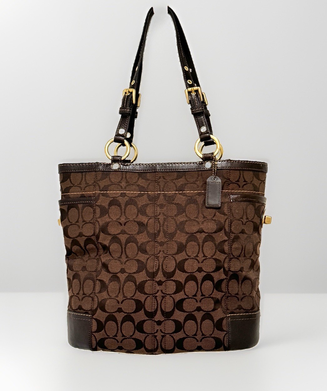 Coach Gallery Tote Signature Brown with 2 Turn-lock pockets Double Straps