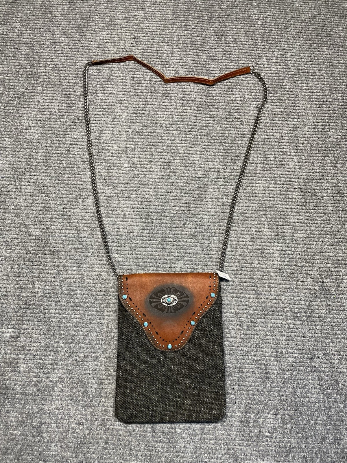 Boho-chic Western Tweed Crossbody Purse Faux Leather Trim Studs Turquoise Concho