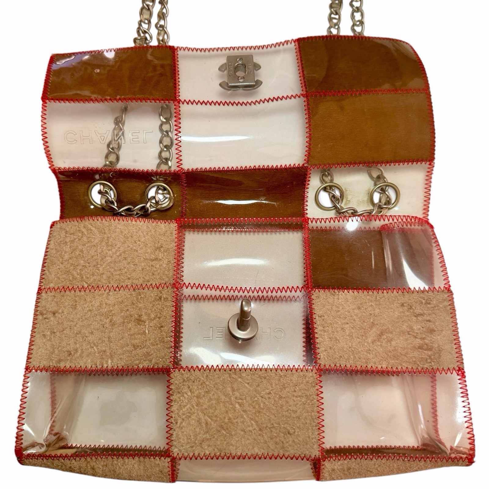 CHANEL Matelasse Patchwork Flap Chain Shoulder Bag PVC Vinyl Suede RED Stitch MC