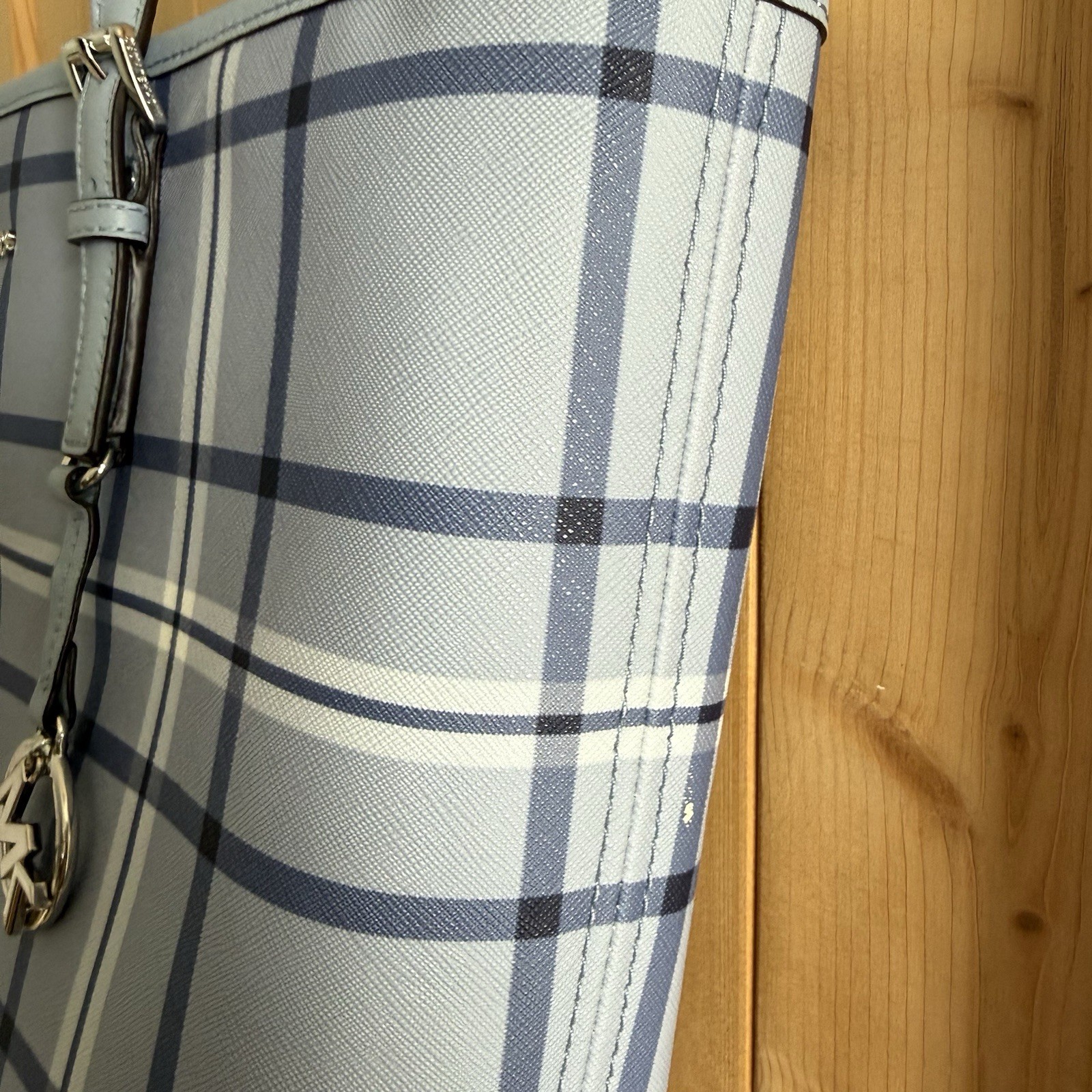 Michael Kors Jet Set Large Printed Signature Logo Tote Bag Light Sky Plaid