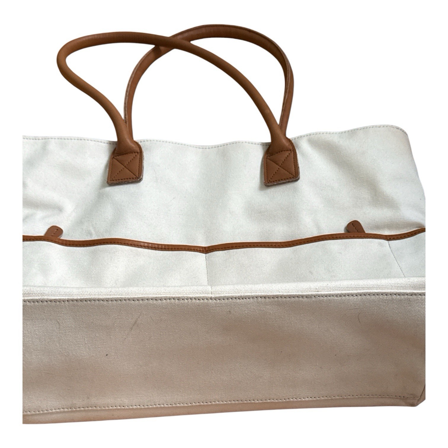 LL Bean 100% Cotton Tote Brown Leather Handle Canvas Bag Ivory Striped Lining