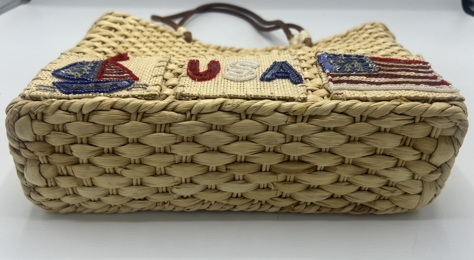 Patriotic Fourth Of July USA Flag Straw Tote Bag Leather Handles Beach Coastal