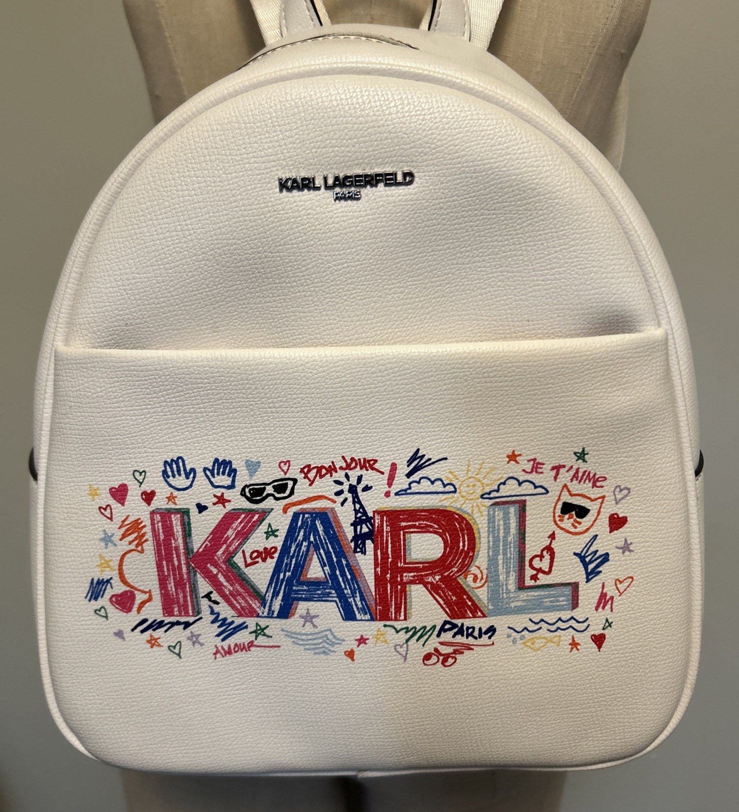 Karl Lagerfeld Paris Maybelle Amour Love White Doodle KARL Print Backpack Bag
