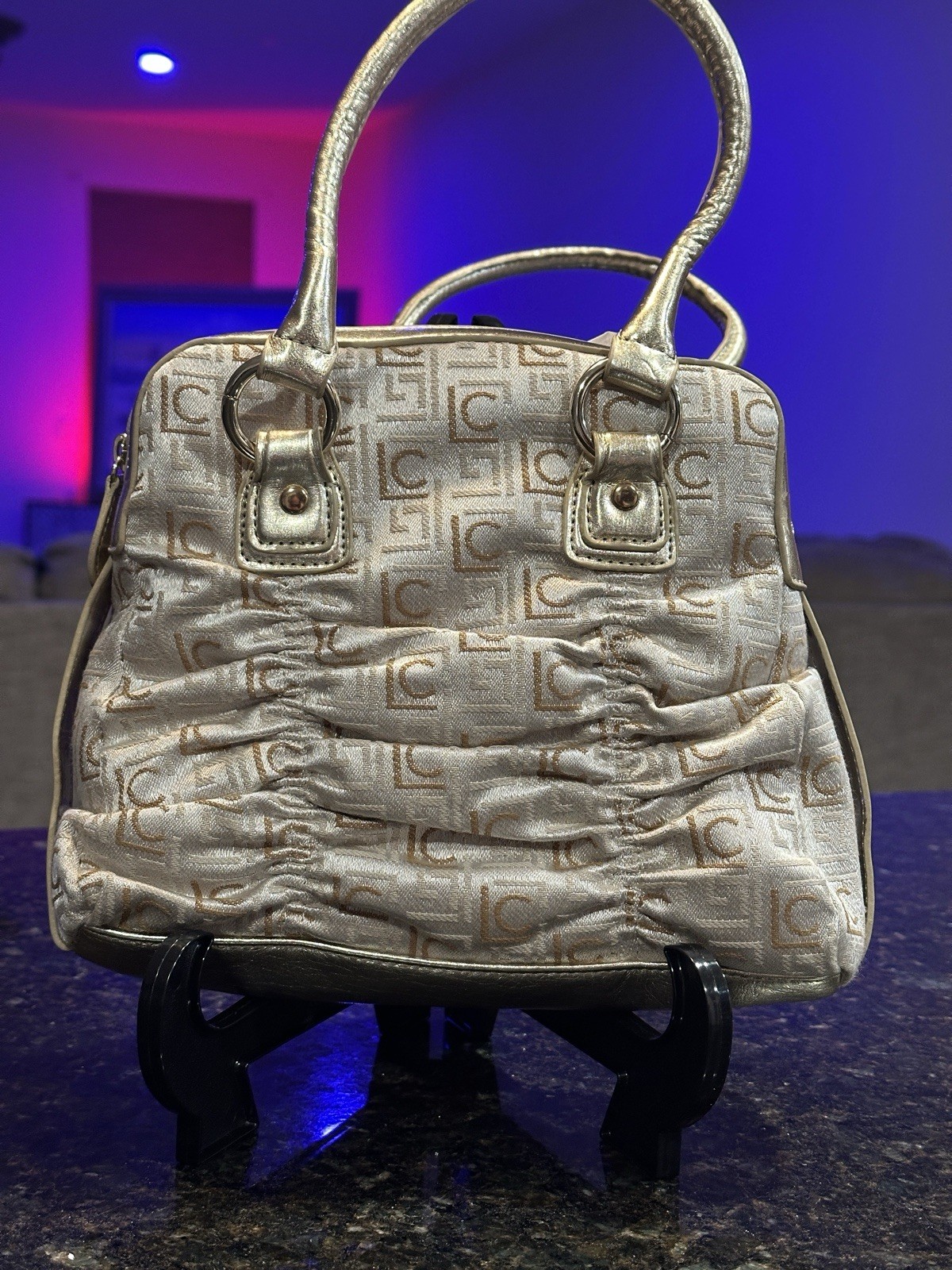 Liz Claiborne Gold Fabric & Faux Leather Hand Bag Purse
