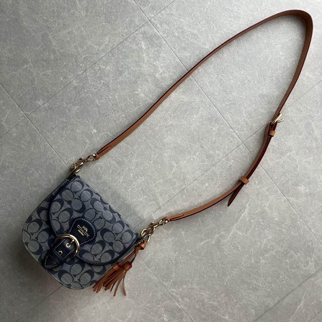 COACH Cleo Denim Signature Shoulder Bag Navy Fringe Tassel C8512 Auth