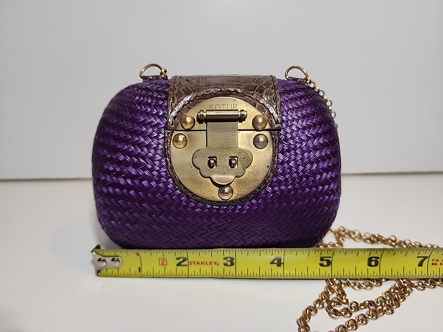 Kotur Snakeskin Purple Clutch Evening Bag With Brass Lock Clasp gold Tone Chain
