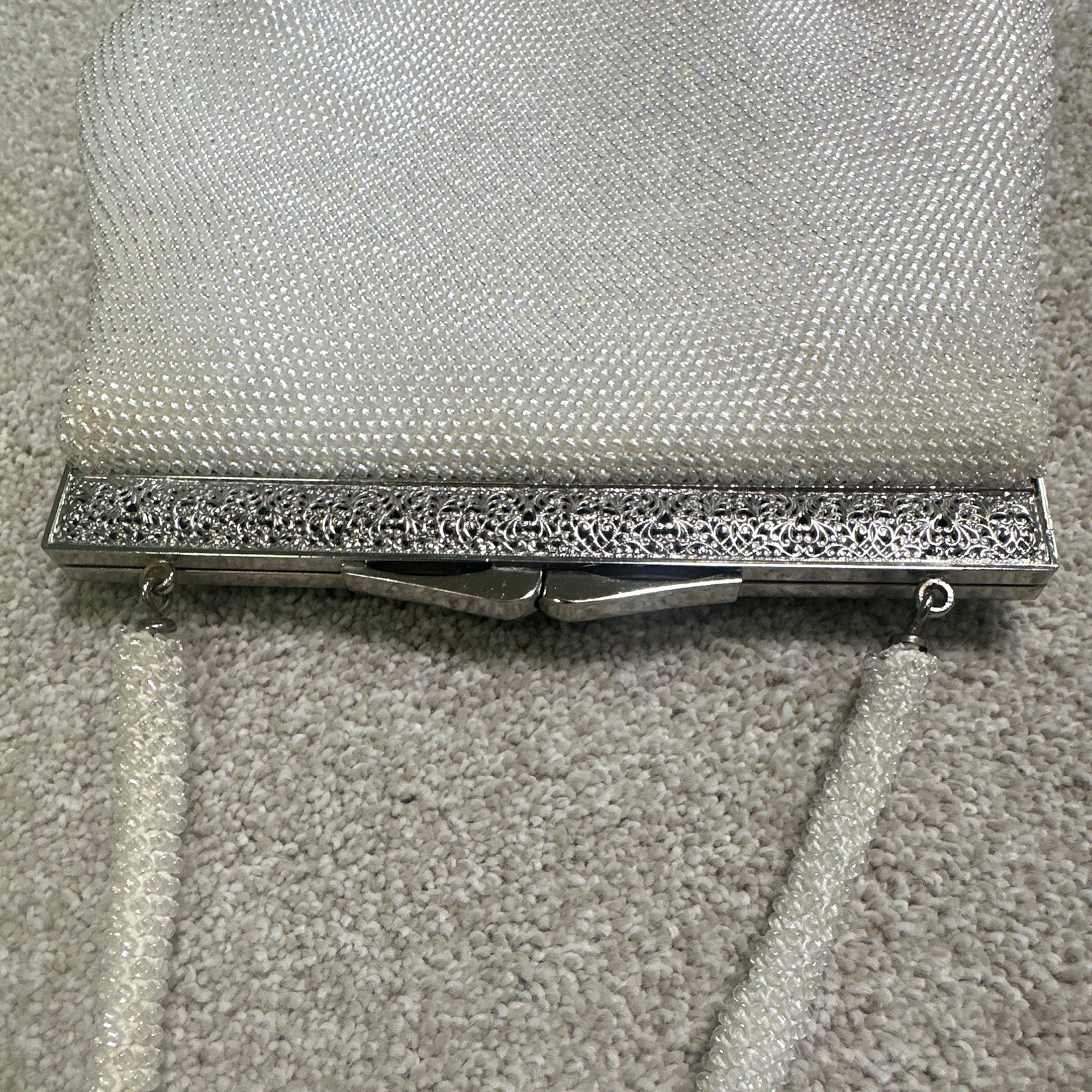 Vintage iridescent White Beaded Top Handle Evening Bag, Silver Tone Frame
