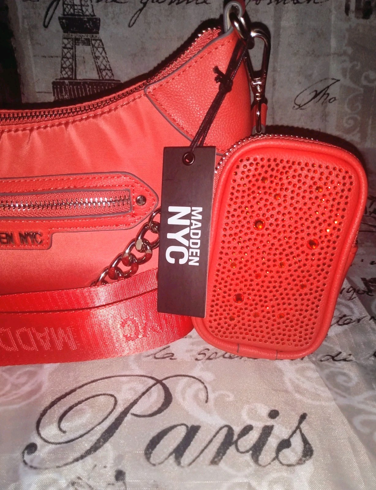 MADDEN NYC Chain Strap X-Body Tote Bag Orange(Red) Jewels/Studs Pouch NWT❤️BLING