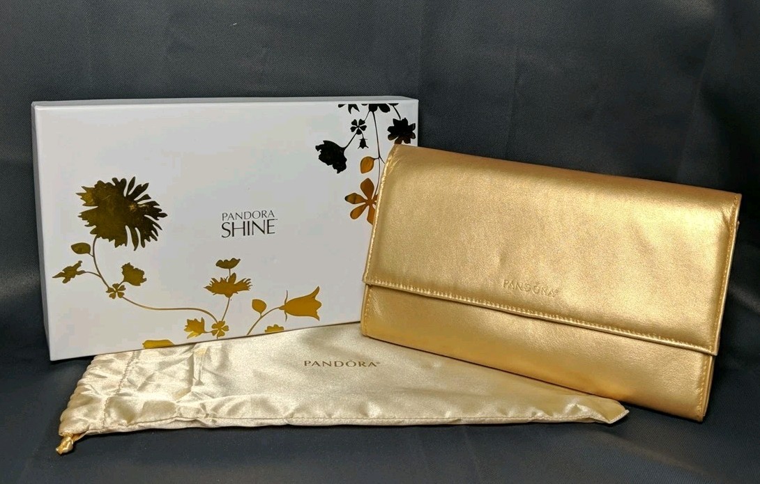 Pandora Shine Gold Metallic Clutch Purse Box Dust Bag Evening Formal
