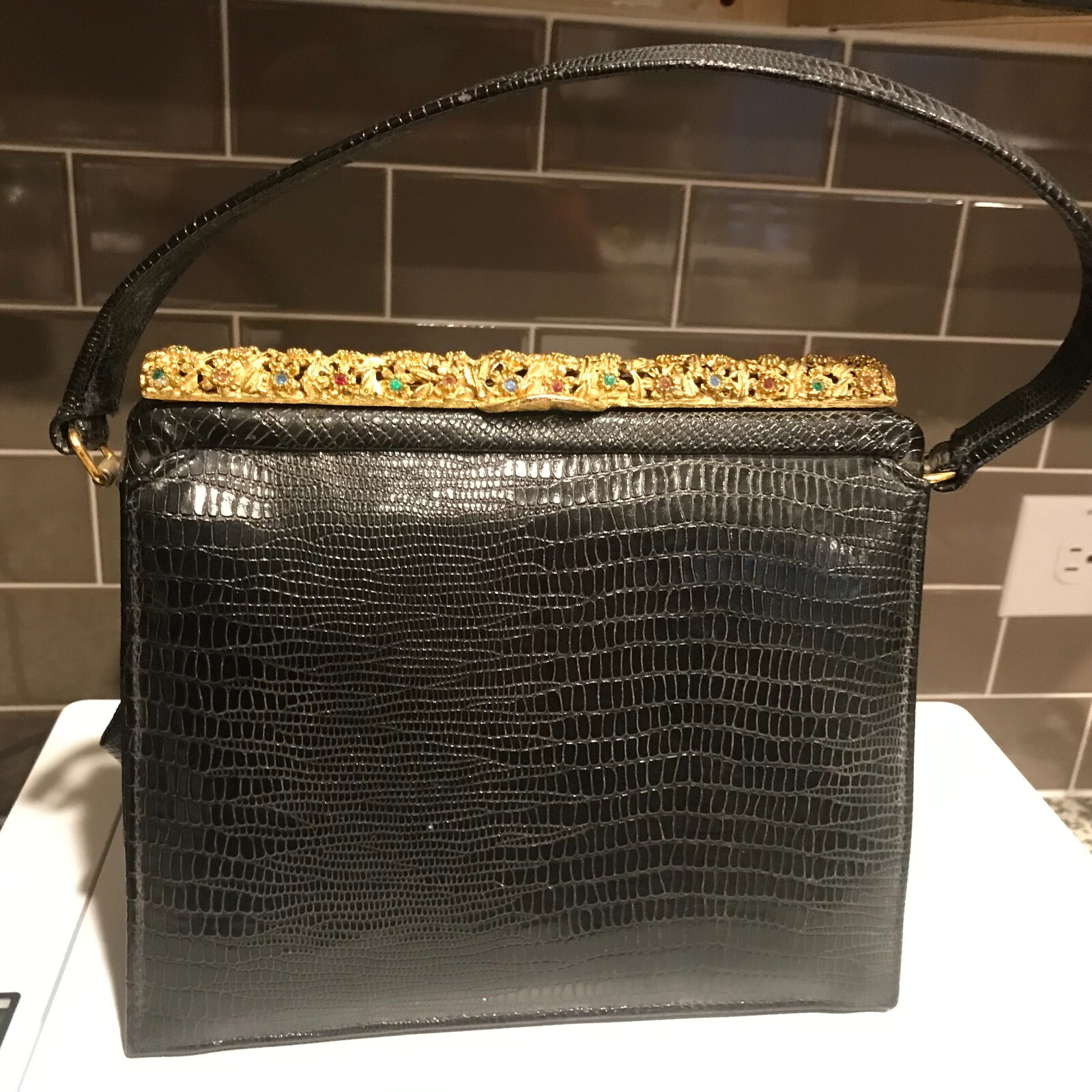 SAKS FIFTH AVENUE Black Alligator Leather Embossed Handbag Gold Edge Crystals