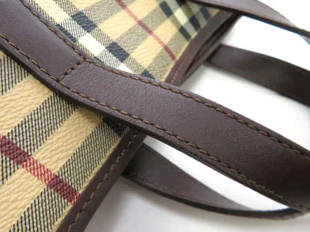 BURBERRY Check Pattern Tote Bag Beige / Dark Brown PVC / Leather Handbag #DB686