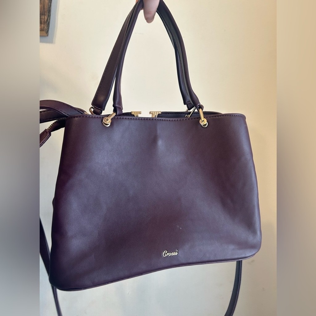 Burgundy Satchel Bag Gold V Top Handle Crossbody Strap Minimalist Purse Maroon
