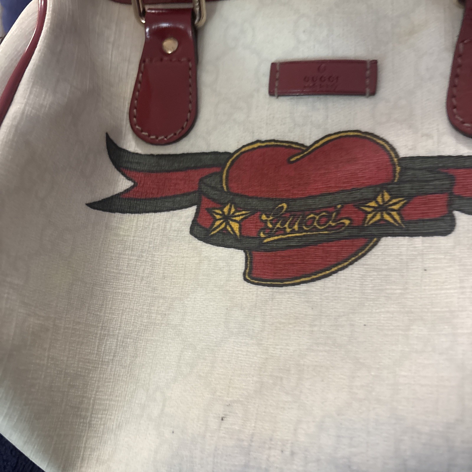 Gucci Small Supreme Joy Tattoo PVC Canvas Heart Boston Bag Off White Used Read