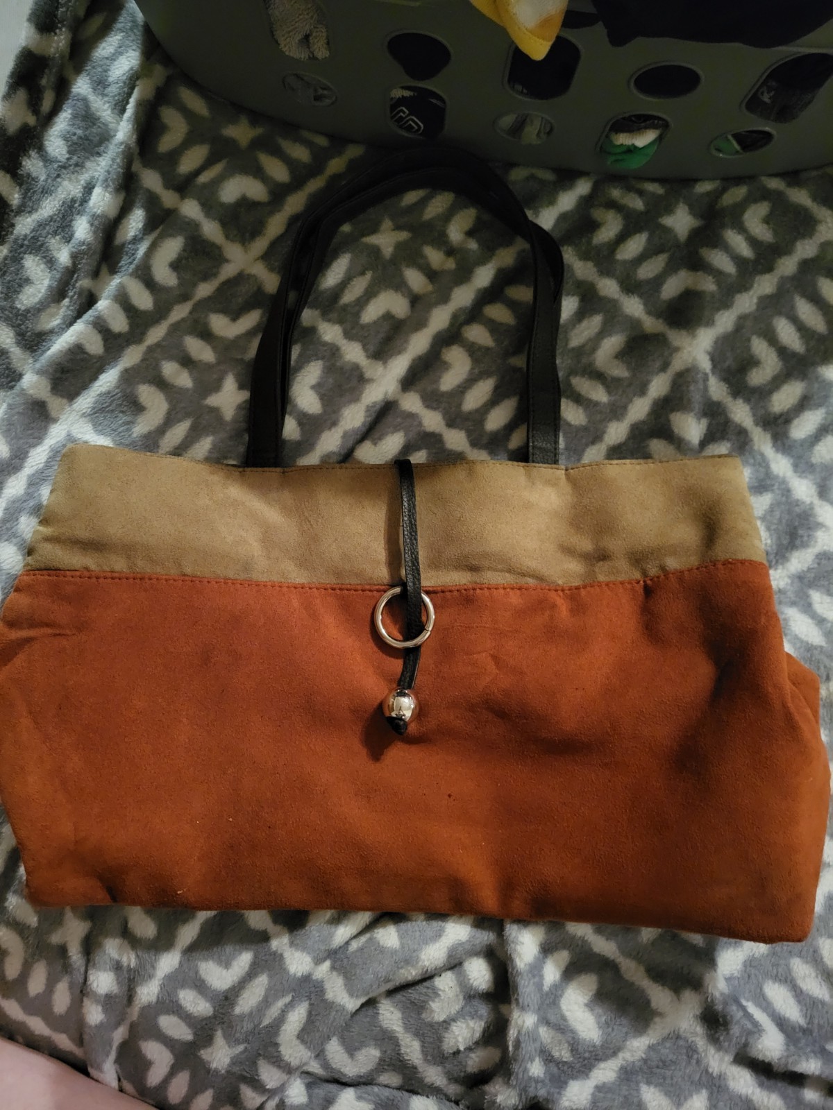 Colorblock Tote Bag Tan/Brown, Black Double Handles, Lined Inner Pockets