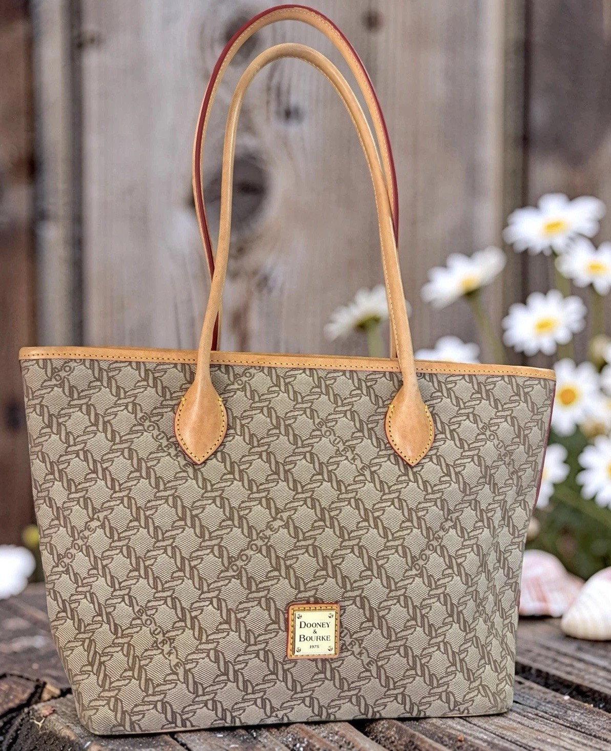 Dooney Bourke Brown Beige Maritime Rope Nautical Coastal Vacchetta Leather Tote