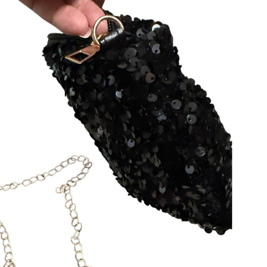 Sequin Black Pouch Clutch Evening Bag Formal Chain Shoulder Party Shiny Purse