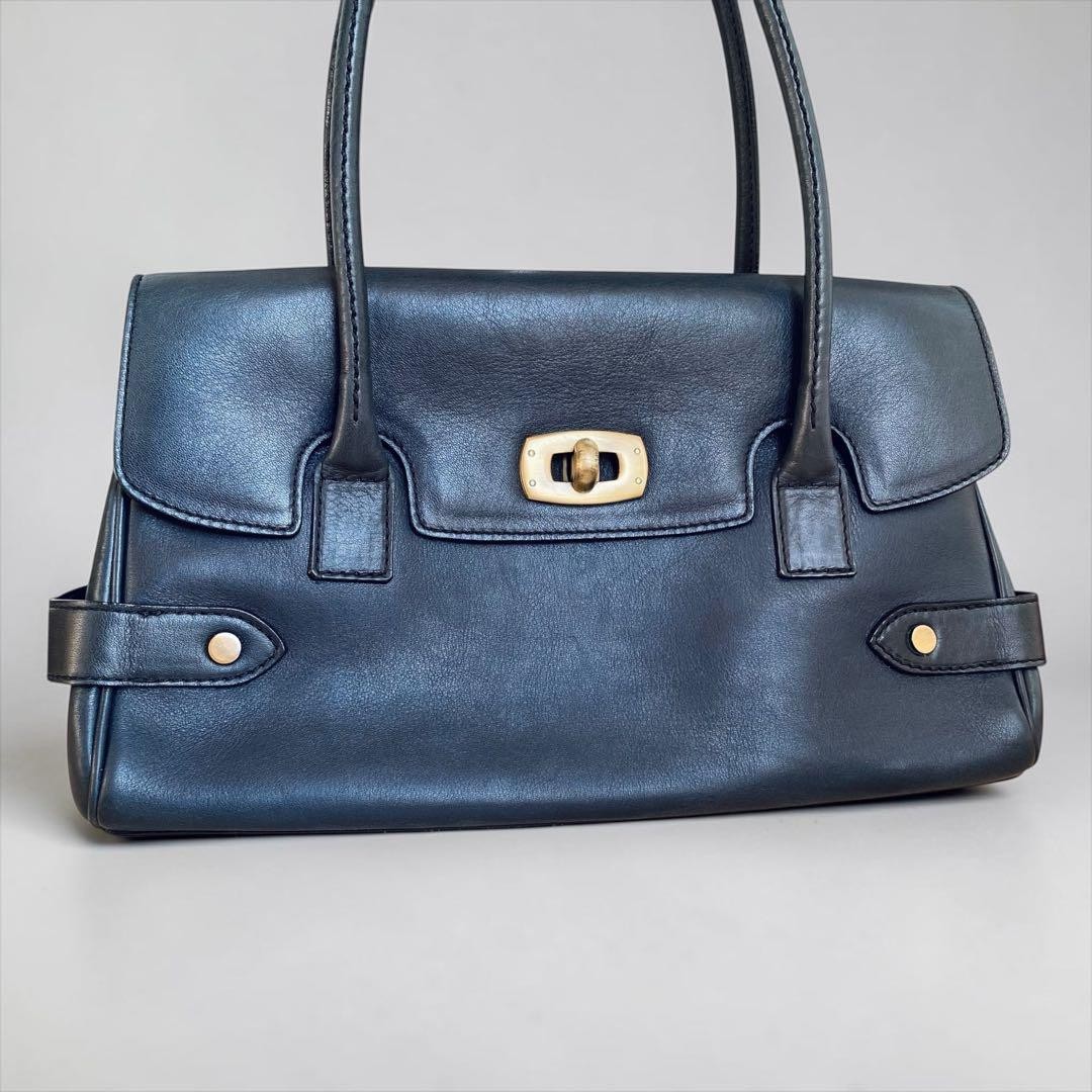Tsuchiya Kaban Navy Leather Turn Lock Tote Bag Women Lightweight Auth