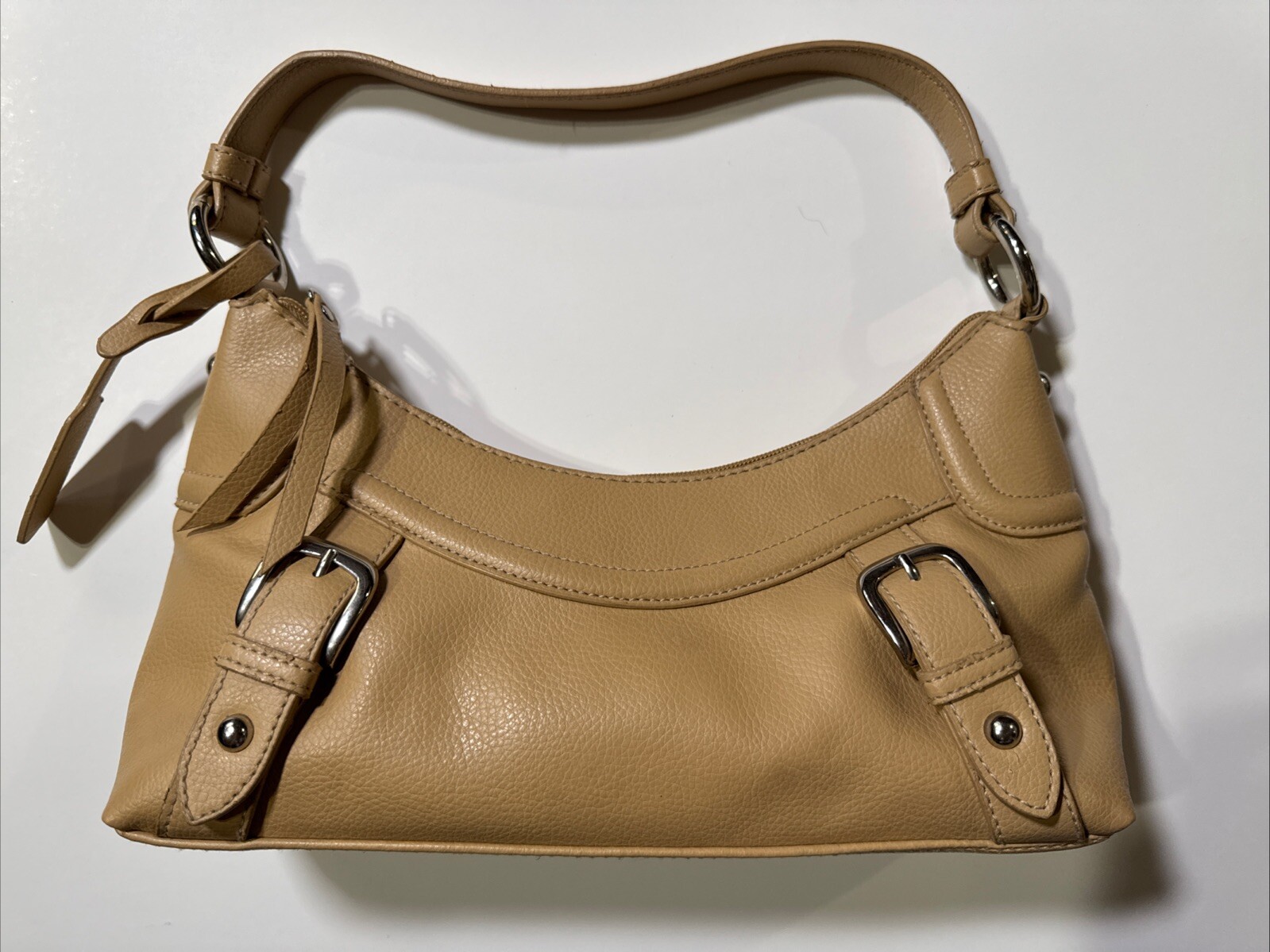 A.N.A~ A New Approach Pebble Handbag Tan Silver Trim 12 X 7 Inch