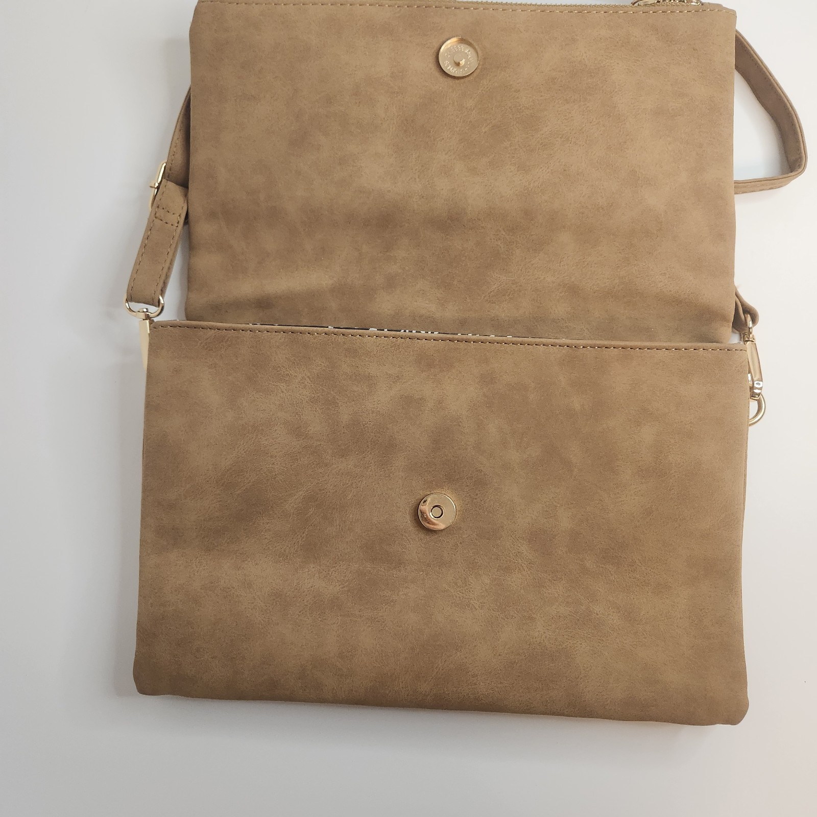Tan Faux Suede FoldOver Crossbody Laser Cut Purse 11.5″ x 7.25″ Adjustable Strap
