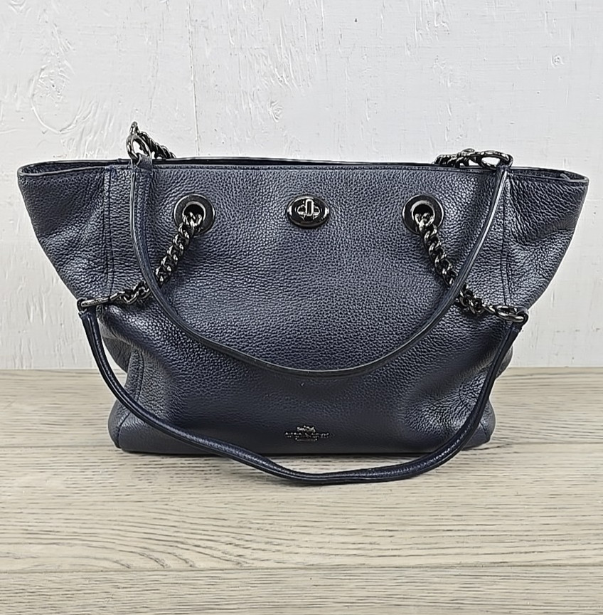 Coach Turlock Plum Pebbled Leather Navy Blue Chain Shoulder Tote Bag 57107