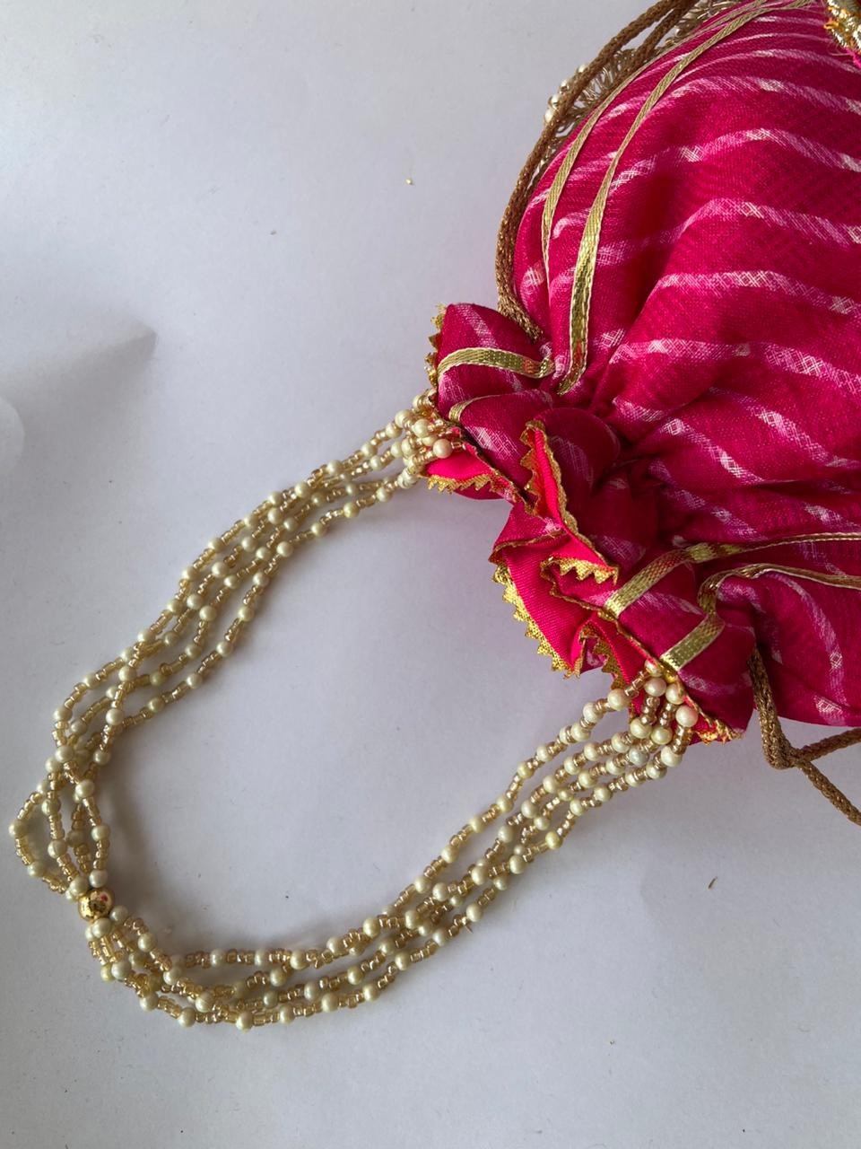Indian Leheriya Gotta Handwork Flower with Pearl Lace and Handle Party Potli Bag