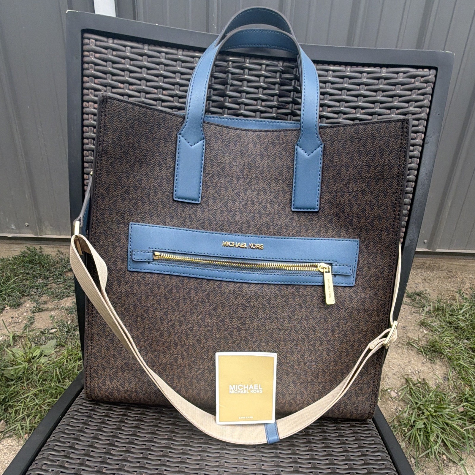 Michael Kors Brown/Blue Logo Tote Bag Double Handles Detachable Strap