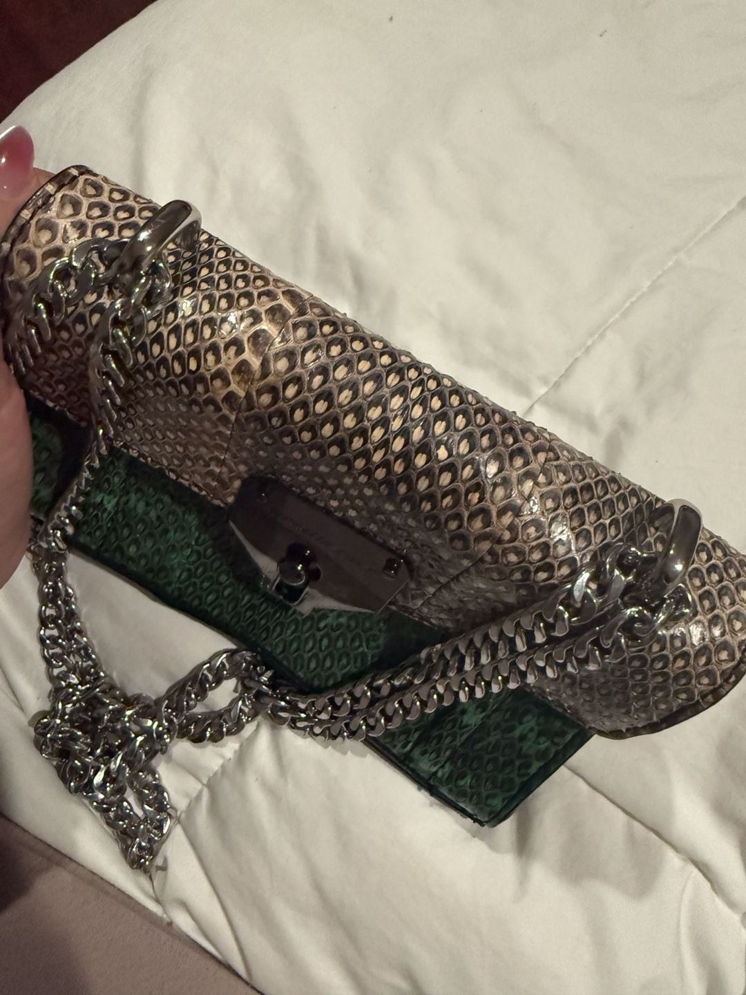 Kenneth Cole Green and Tan Snake Print Chain Strap Shoulder Bag