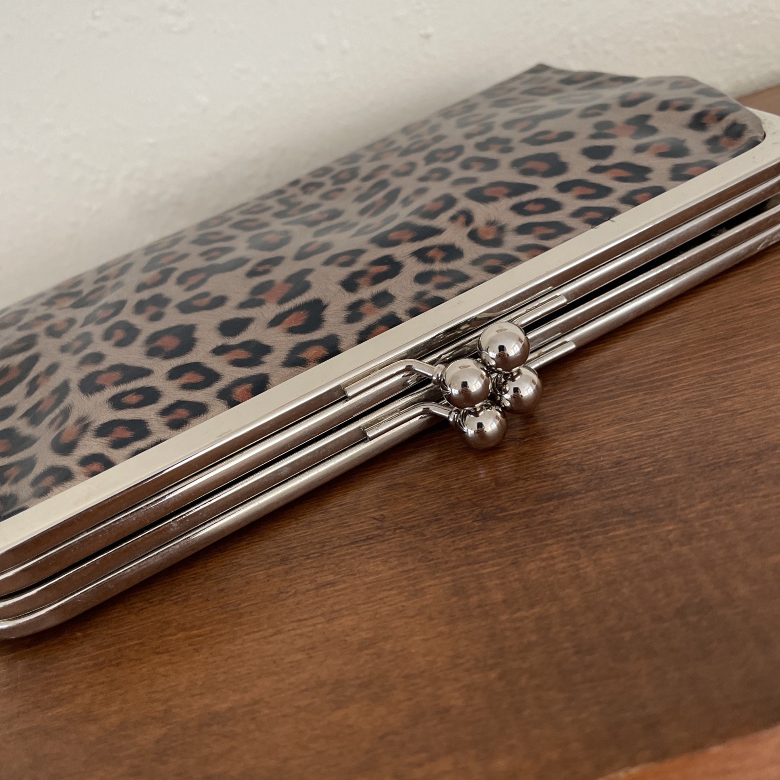Leopard Cheetah Print Vinyl Clutch Wallet Rock Chic Grunge 00’s Double Kisslock