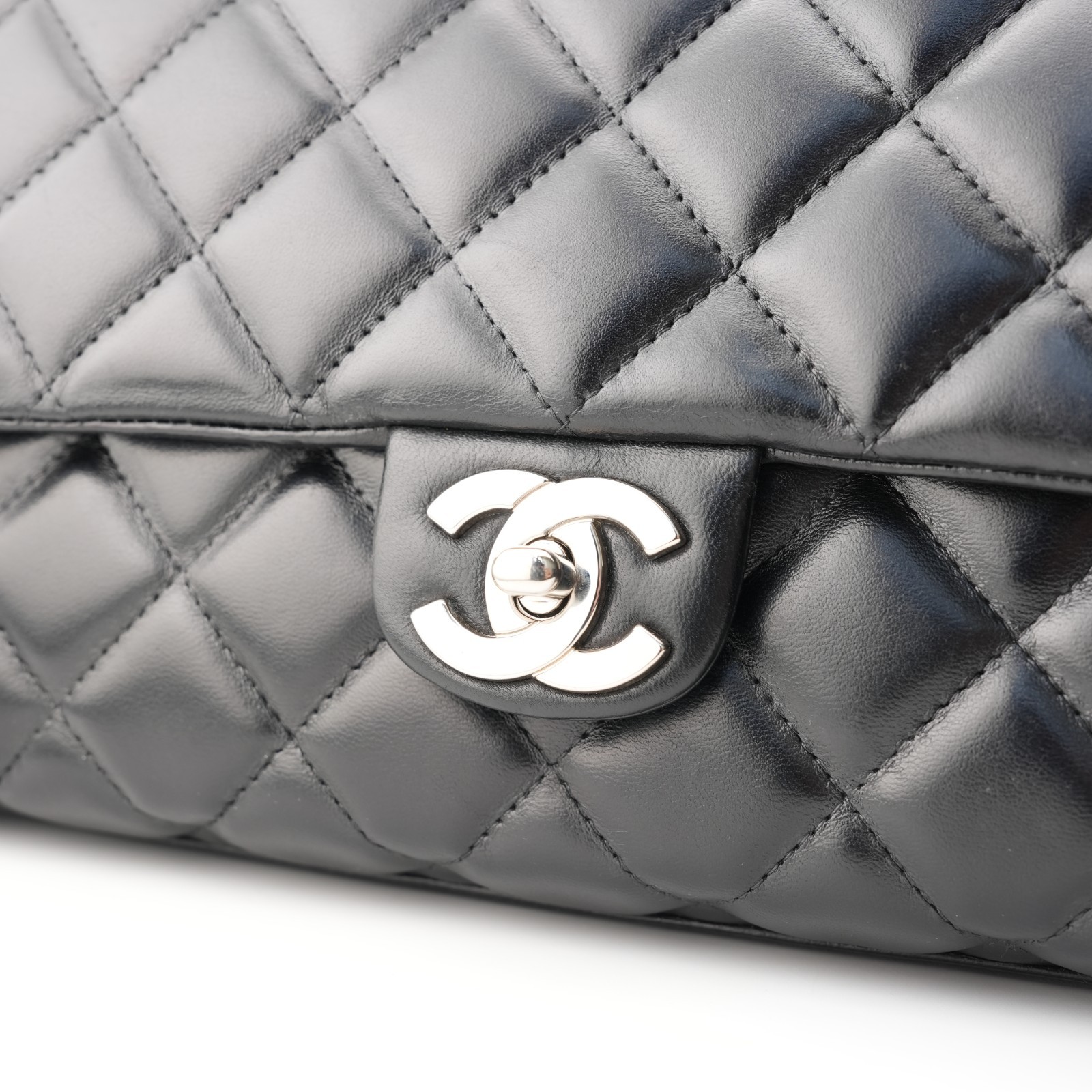 Chanel Quilted Lambskin Leather Black Top Handle Bag Silver Tone